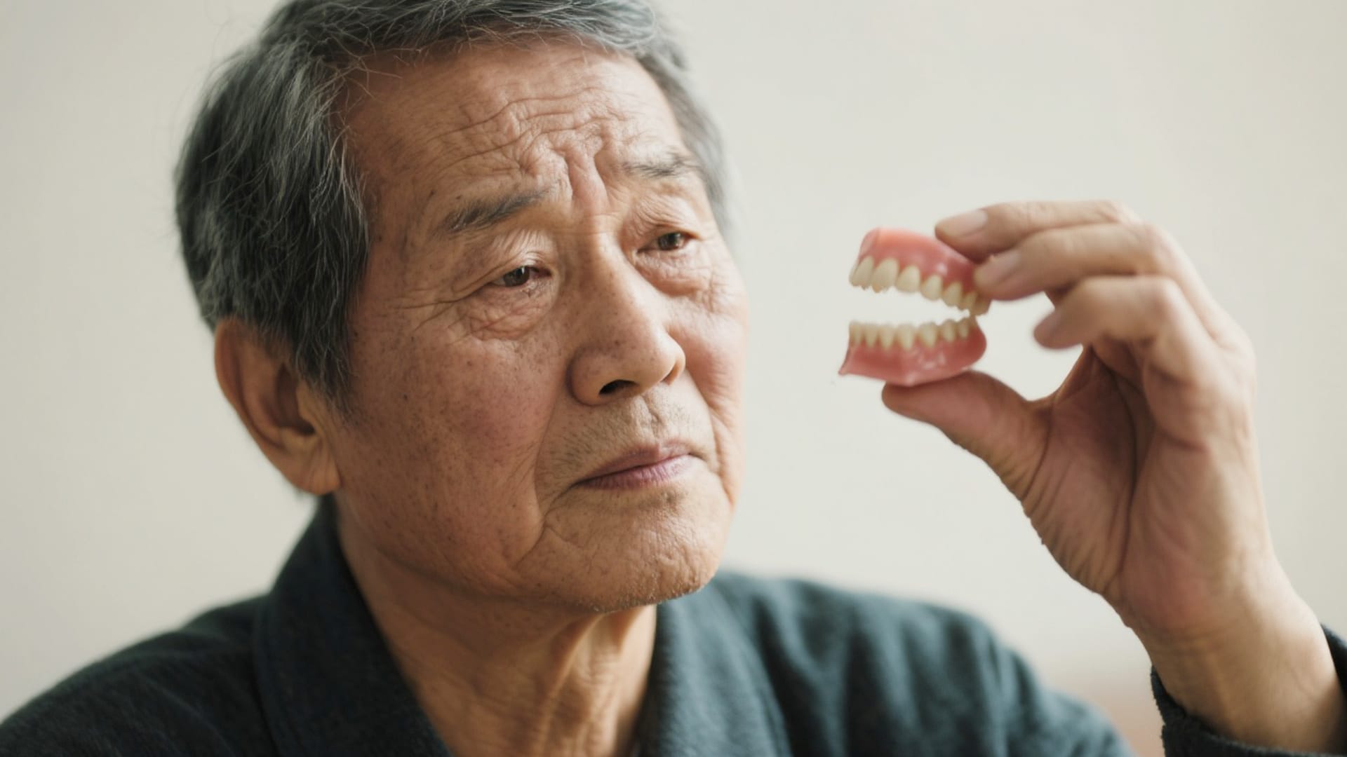 헐거워진 틀니를 바라보고 있는 환자 이미지