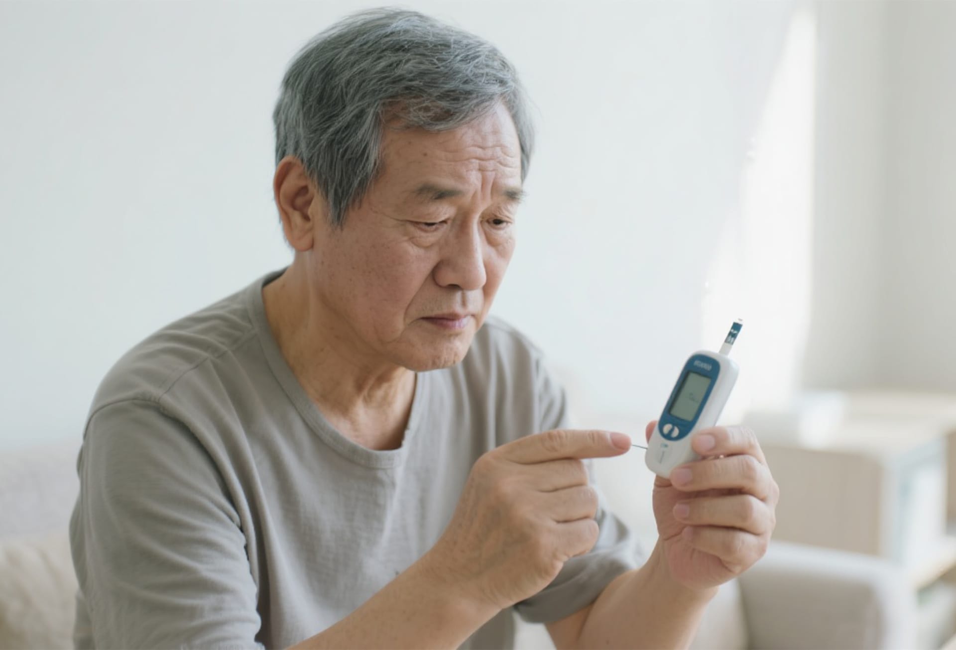 An image of a diabetic patient checking their blood sugar level.