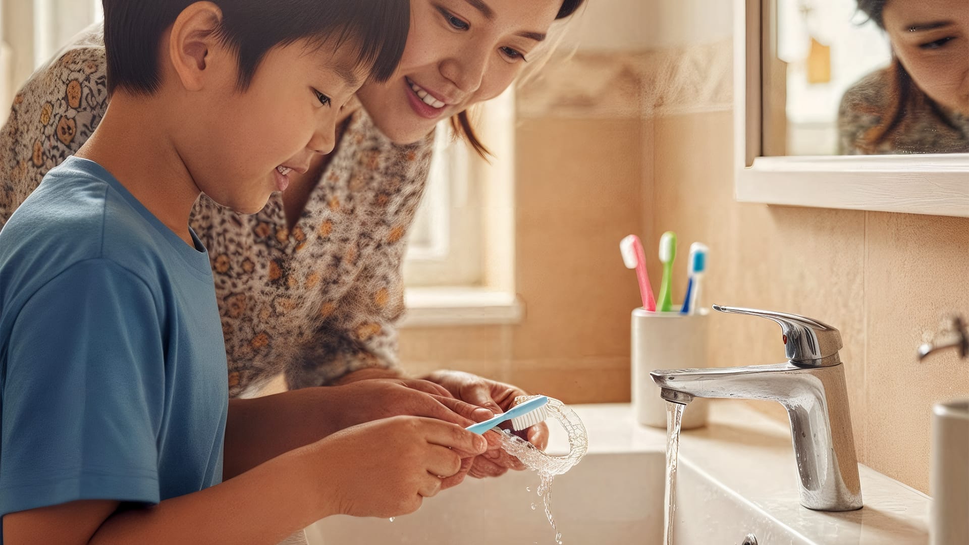 성장기 교정 아동이 장치를 세척하고 있는 모습을 담은 이미지