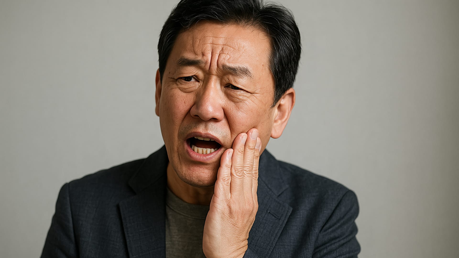 오랜 기간 틀니를 사용하신 환자가 통증을 느끼는 모습 