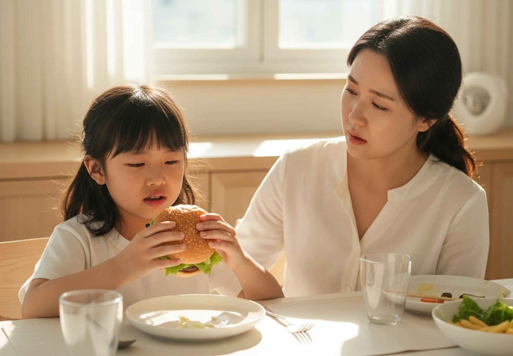 교정 통증 때문에 좋아하는 음식을 먹지 못해 슬퍼하는 아이와 이를 걱정스럽게 바라보는 부모의 모습