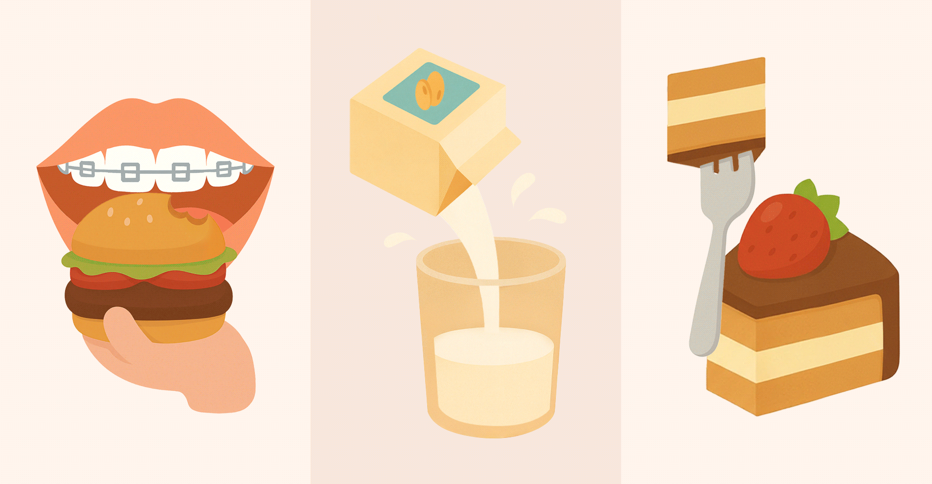 교정 조정 후 3일 동안 부모가 아이의 식사를 관리하기 위한 3가지 원칙(한입 크기로 자르기, 영양 챙기기, 간식 조절) 체크리스트