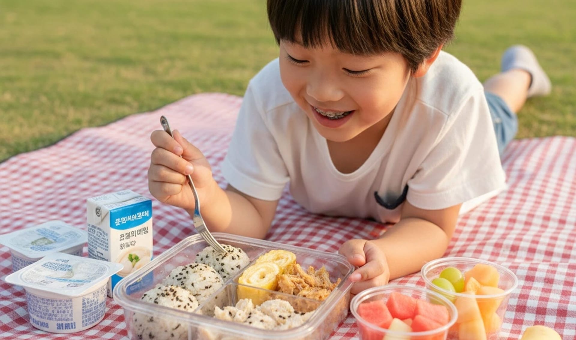 교정 중인 어린이가 밝은 미소를 띄며 도시락을 먹고 있는 이미지 