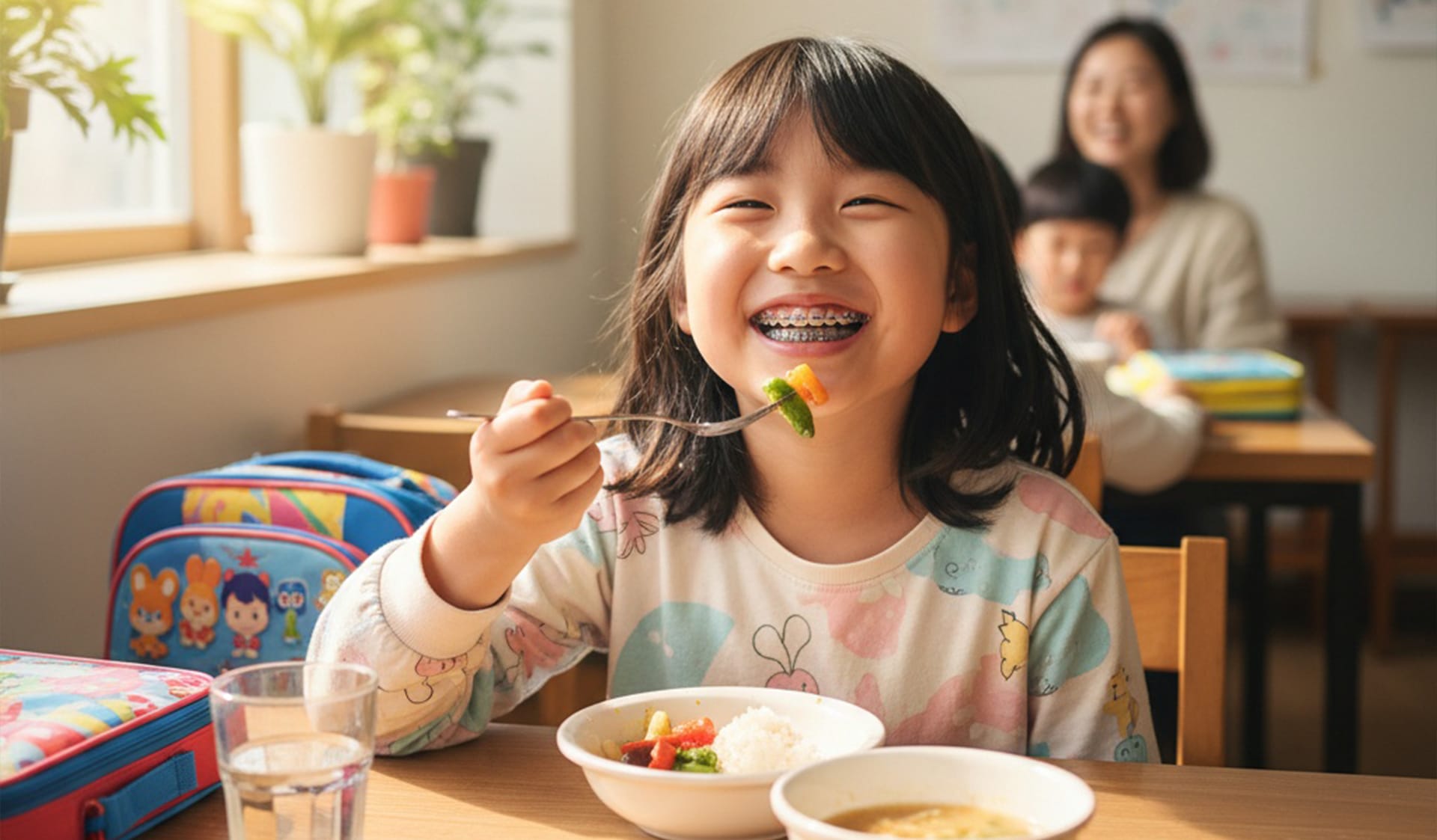 교정 중인 어린이가 밝은 미소를 띈 상태로 학교 급식을 먹고 있는 이미지 