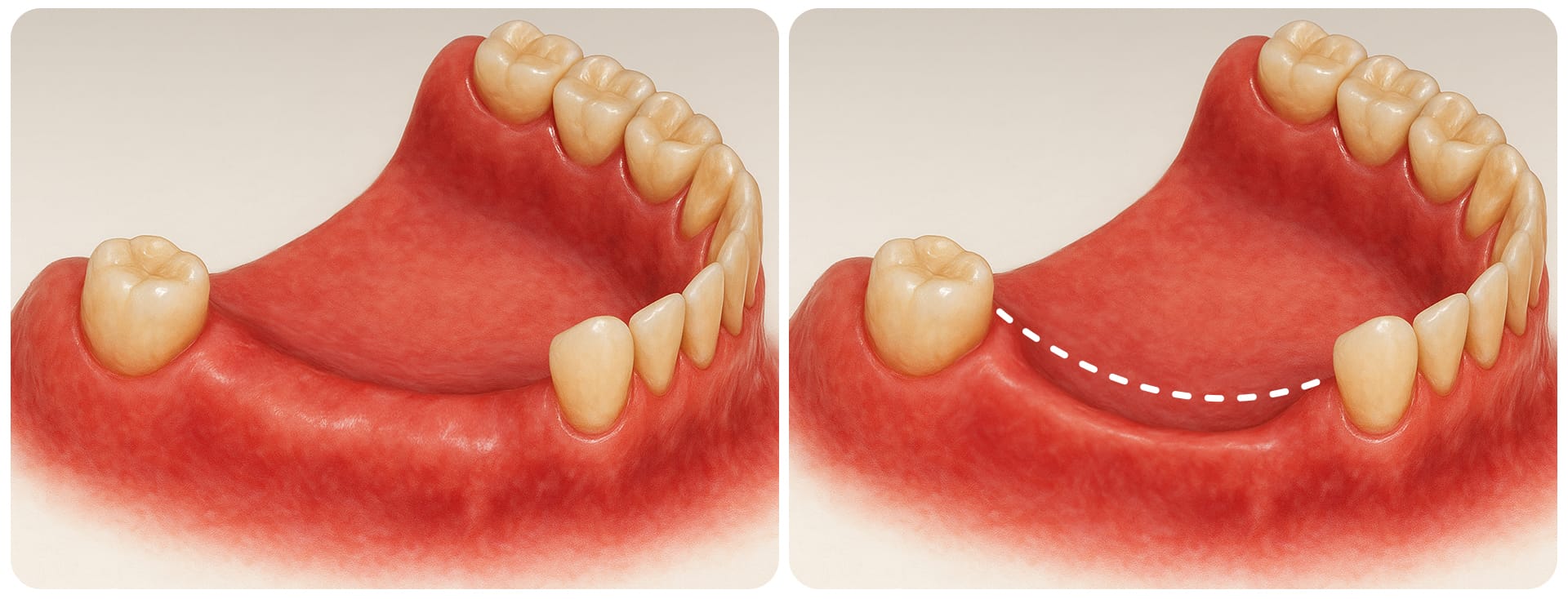틀니를 계속 착용하면, 잇몸뼈가 줄어들 수 있다는 것을 표현한 이미지