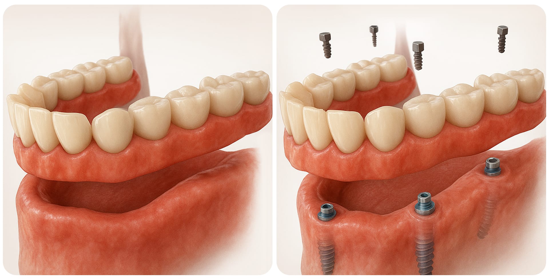 일반 틀니와 임플란트 틀니의 차이점을 비교한 이미지