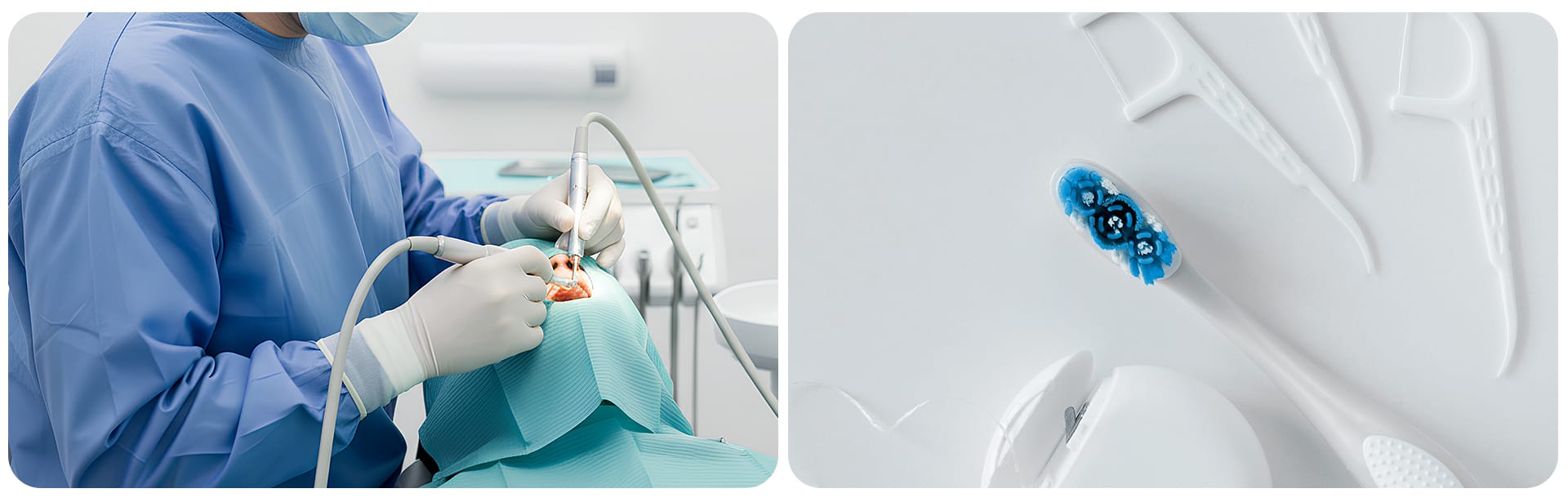 An image interchangingly showing the surgeon's procedure and the patient's oral hygiene routine