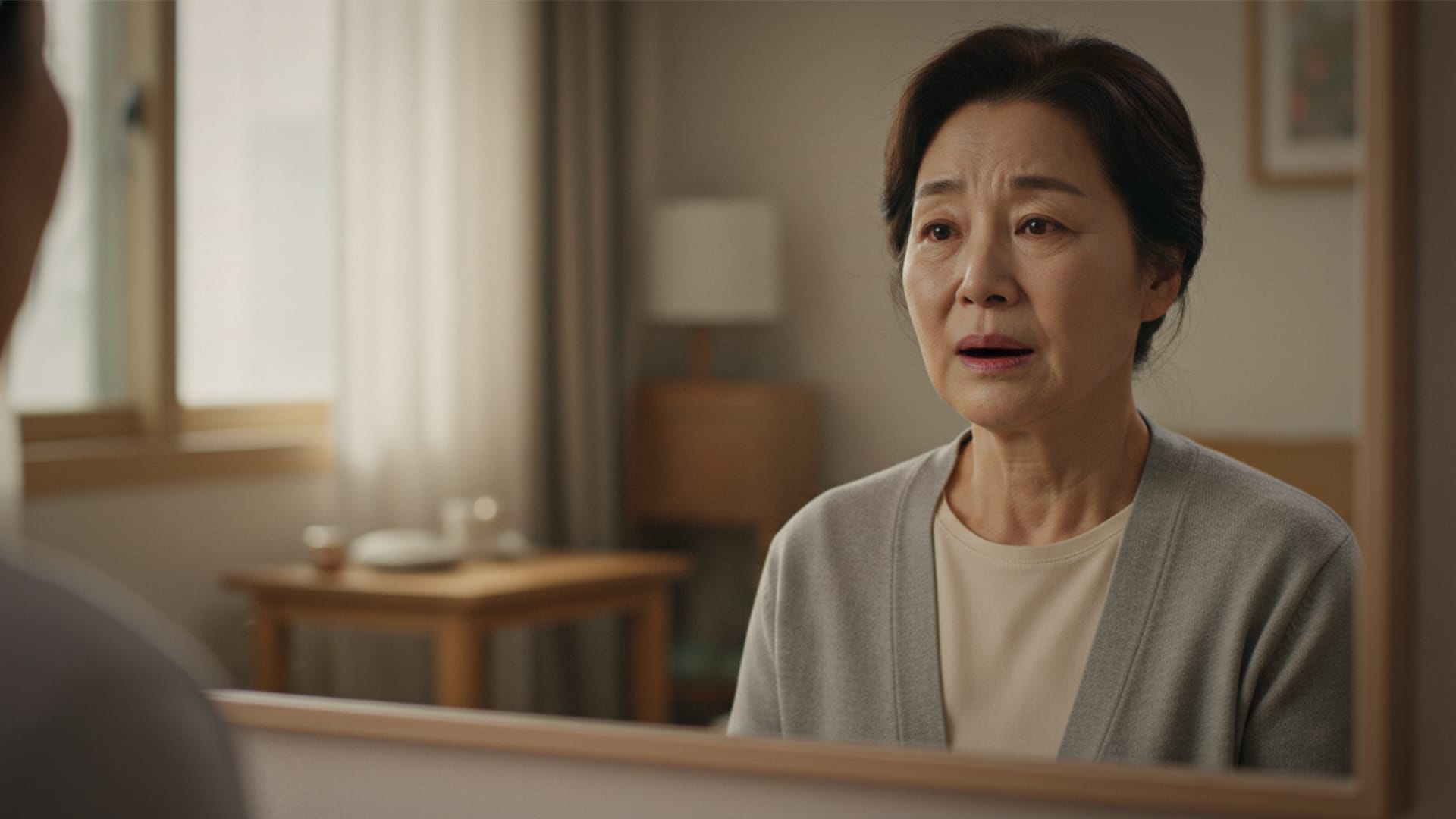 無歯顎の患者が失った歯を気にしたり、不安そうにしている場面