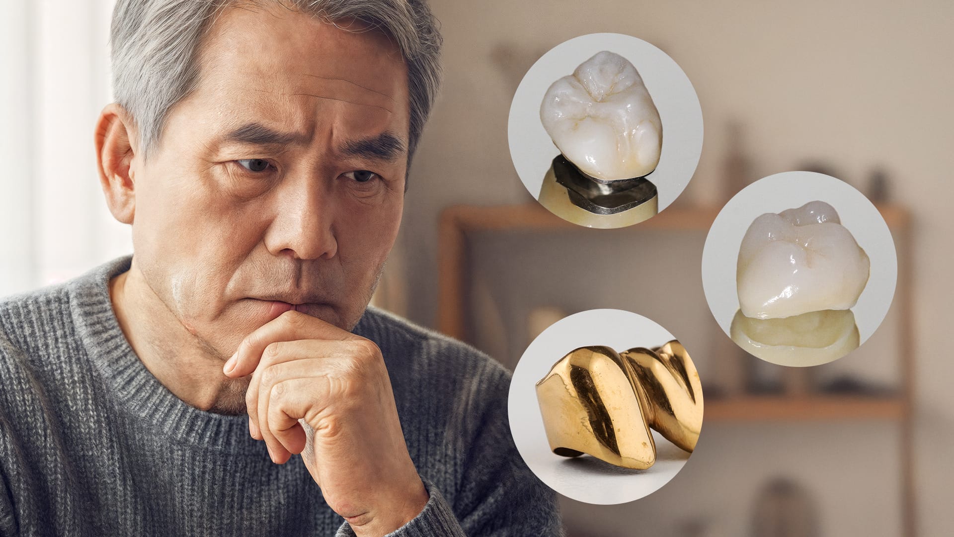 여러가지 임플란트 크라운을 고민하고 있는 환자의 모습 