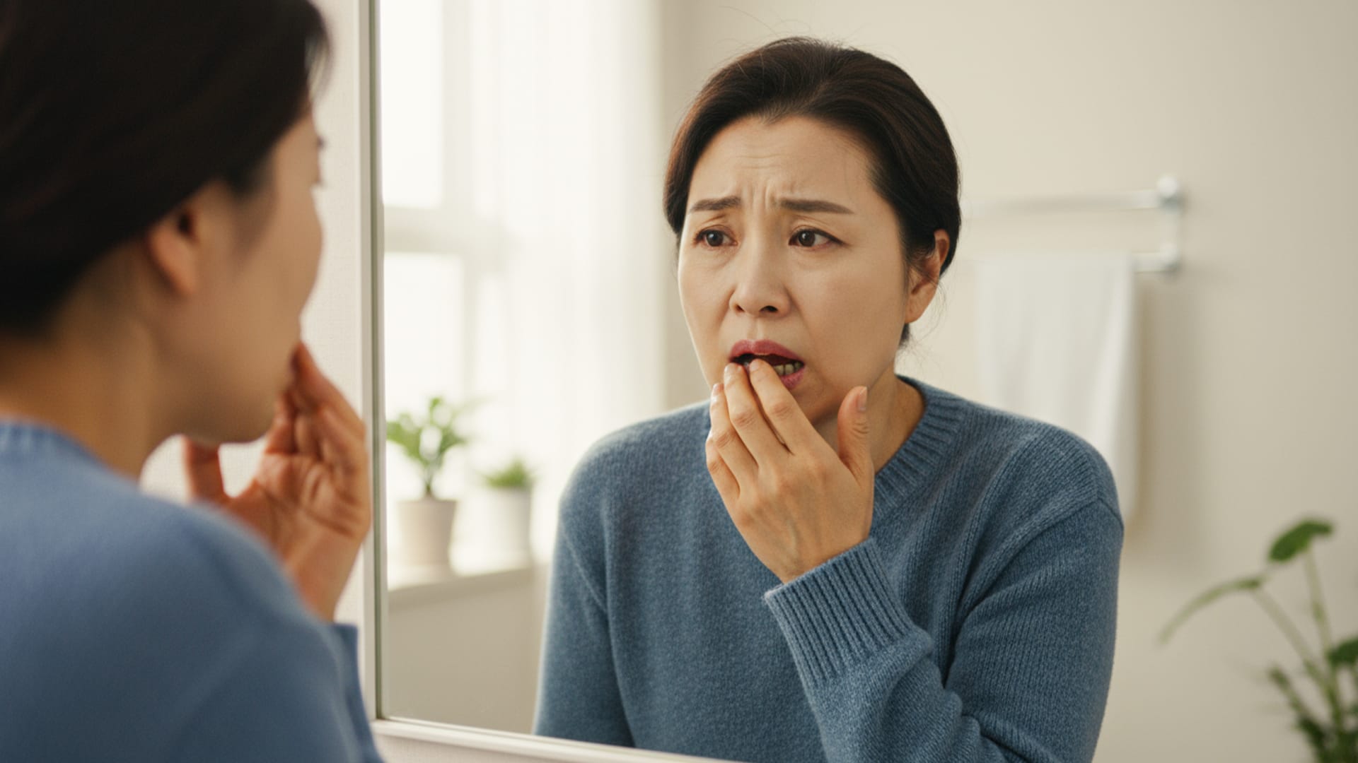 A middle-aged patient (50s or 60s) worrying about their teeth