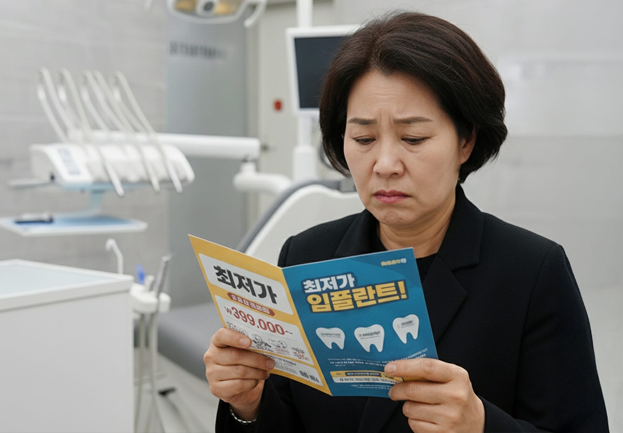 A patient with a puzzled expression looking at a dental implant advertisement