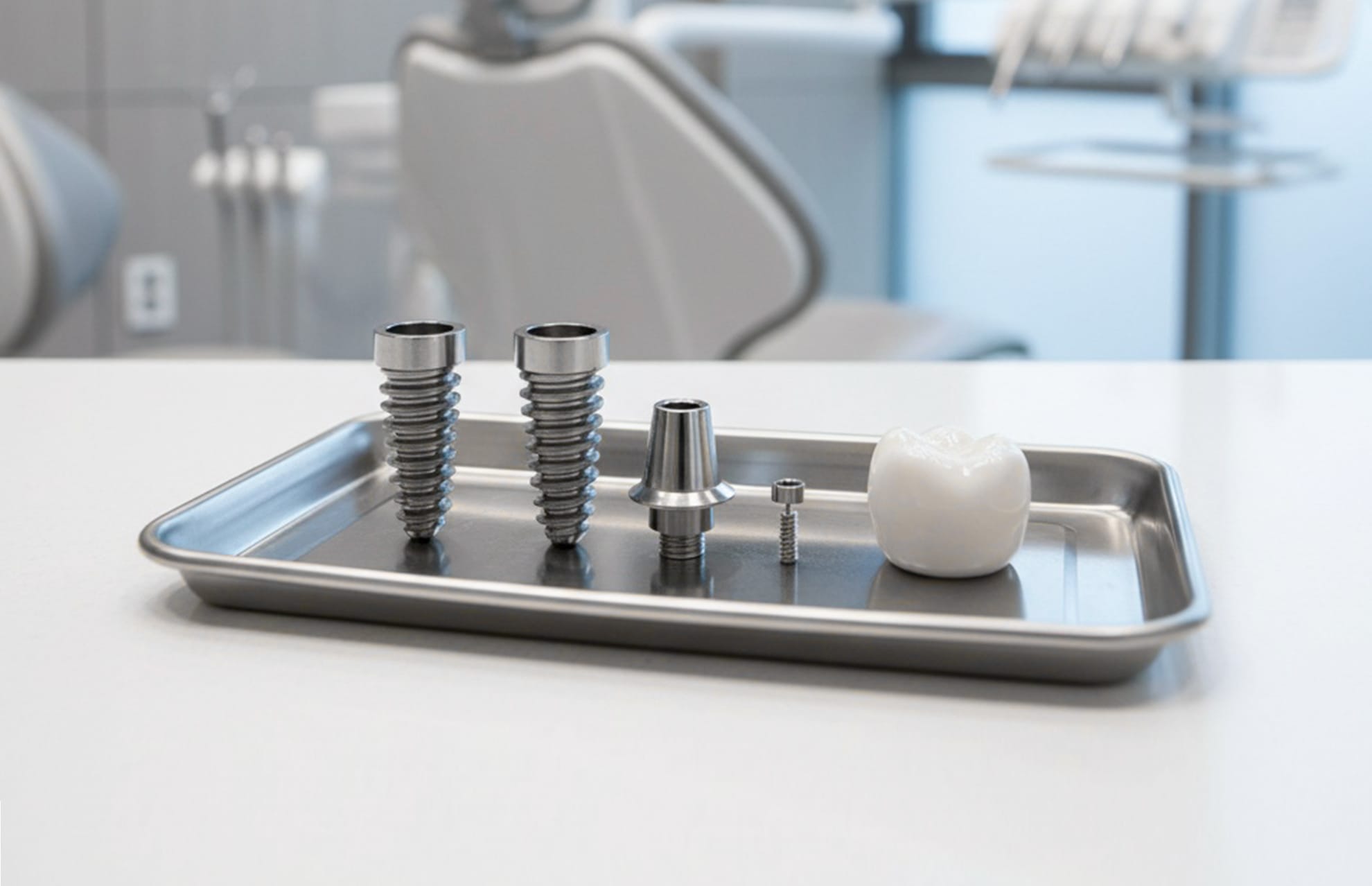 Dental implant prosthetics organized on a dental tray