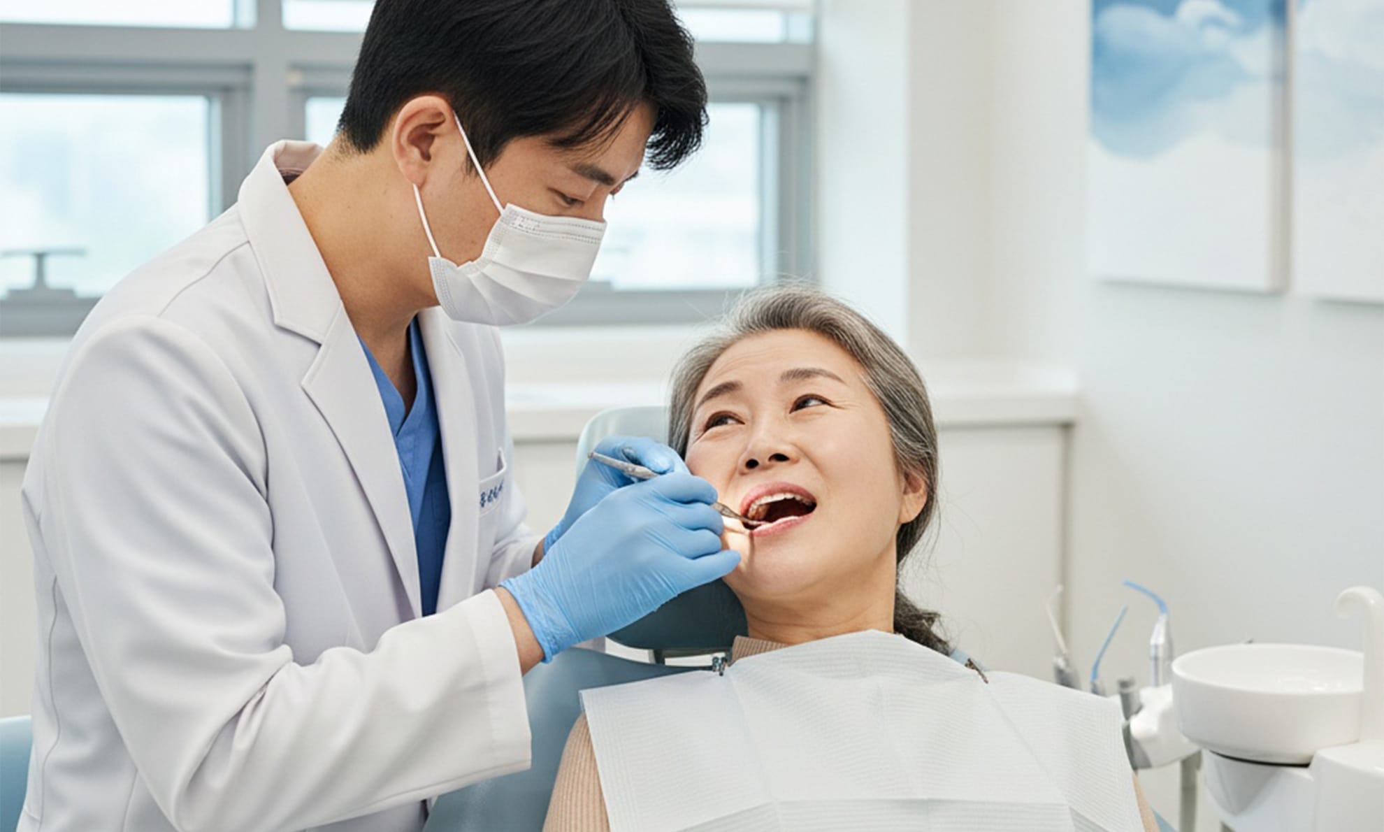 A scene showing the medical staff examining the patient's teeth