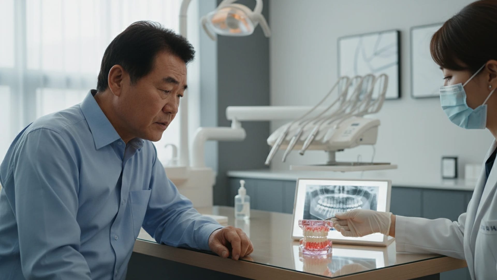 A middle-aged patient considering dental implant re-implantation (re-surgery)