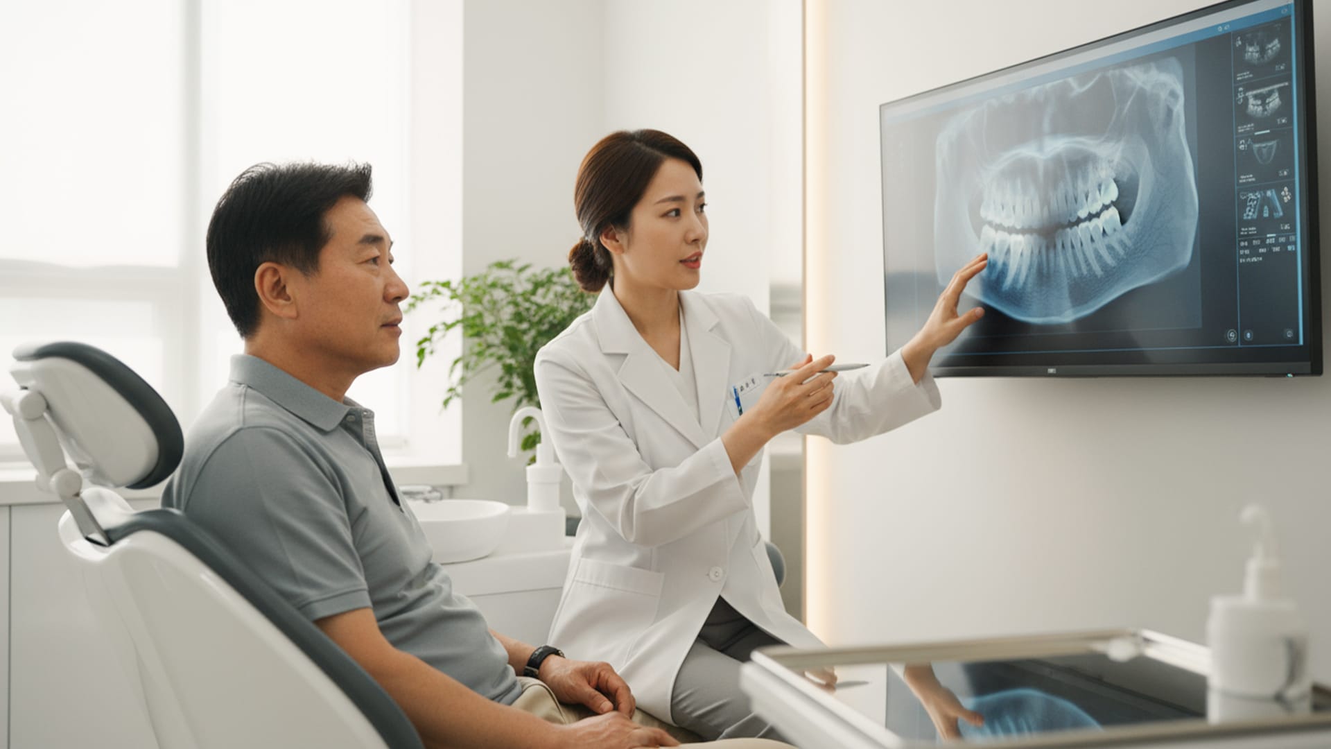 Dental examination setting showing a x-ray of a cleanly and healthily placed dental implant