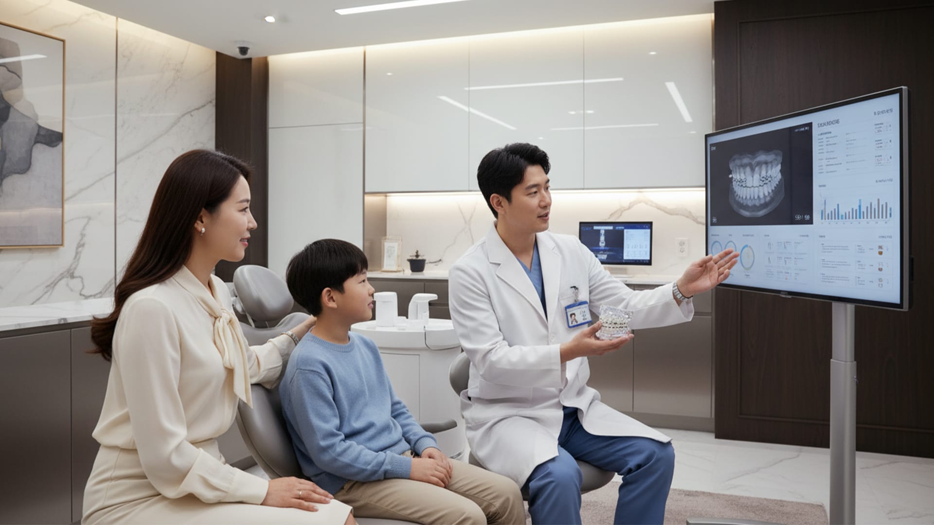 아이와 학부모, 의료진이 함께 상담을 하고 있는 모습