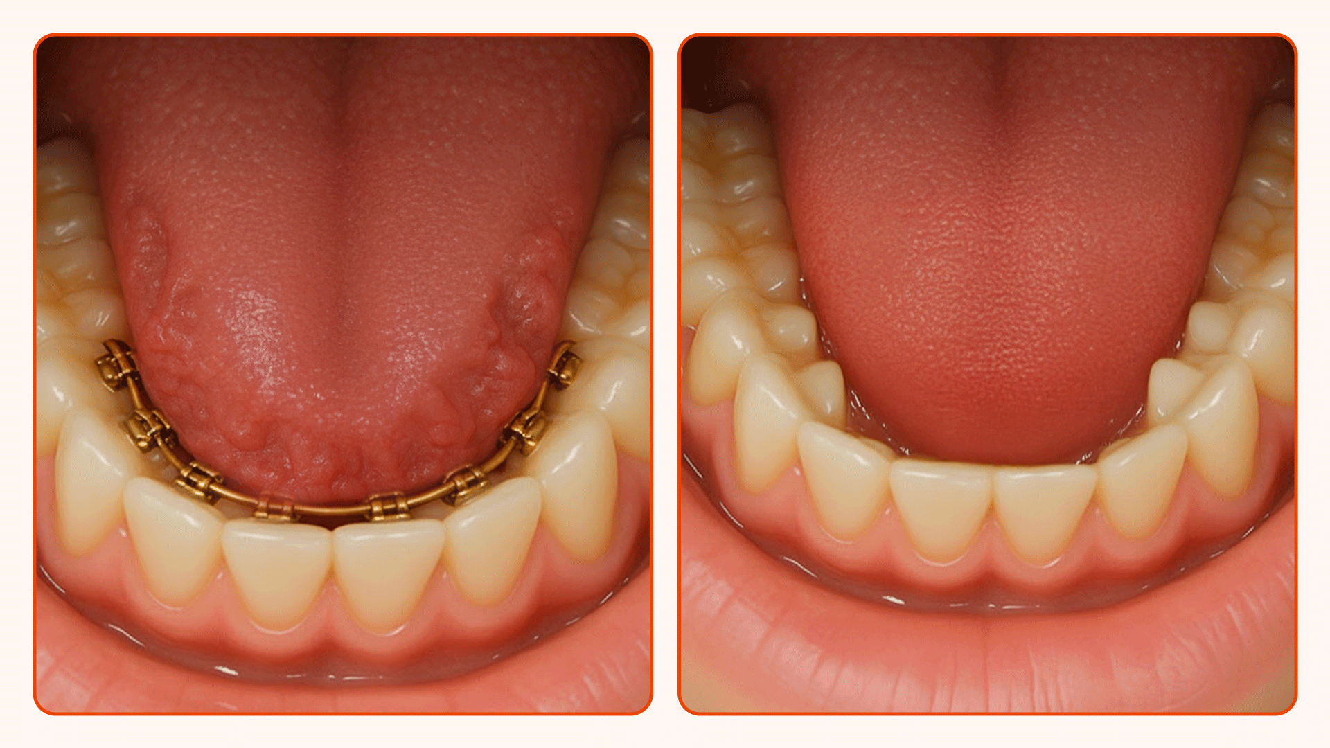 혀 쪽에 장치가 부착되어 이물감이 높은 설측 교정(좌)과 투명 필름 형태라 자유롭고 편리한 투명 교정(우)의 상반된 착용 방식을 표현한 실루엣 이미지
