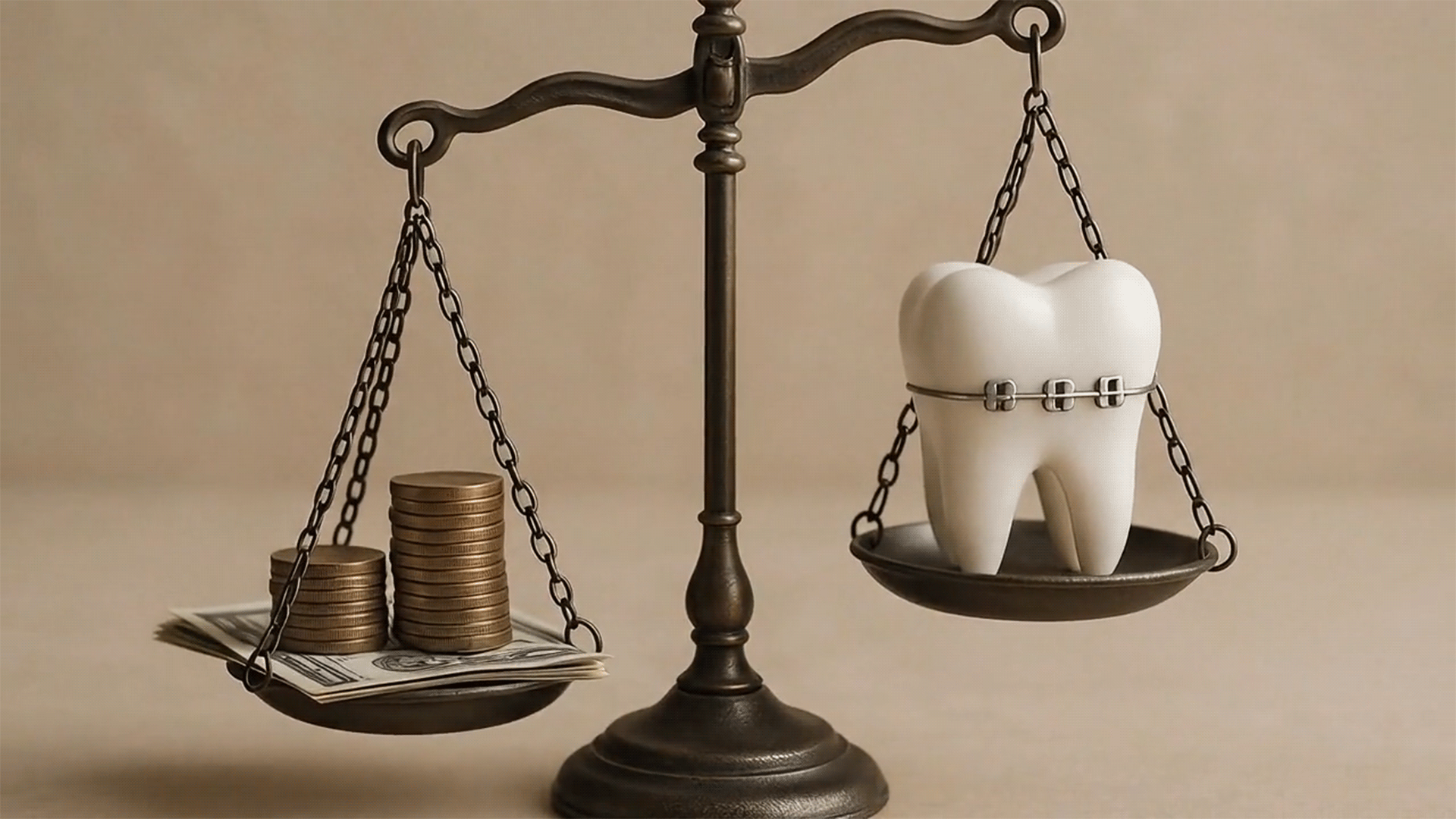 저울을 통해 비용(동전) 부담과 성장기 교정 치료(교정 치아) 필요성 사이에서 고민하는 부모의 심리를 표현한 이미지