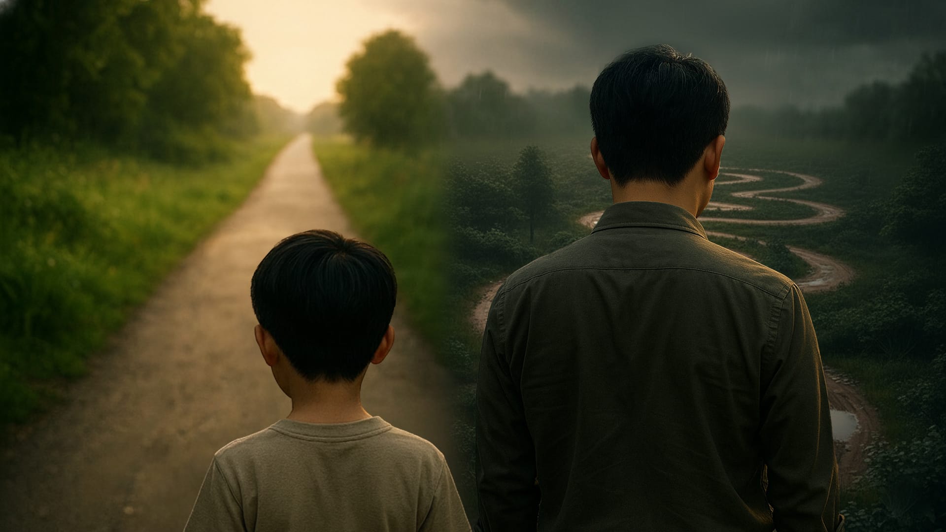 어릴 때 간단한 교정(짧은 길)과 성인이 되어 복잡한 치료(긴 길)를 비교하여 성장기 교정의 중요성을 강조하는 인포그래픽