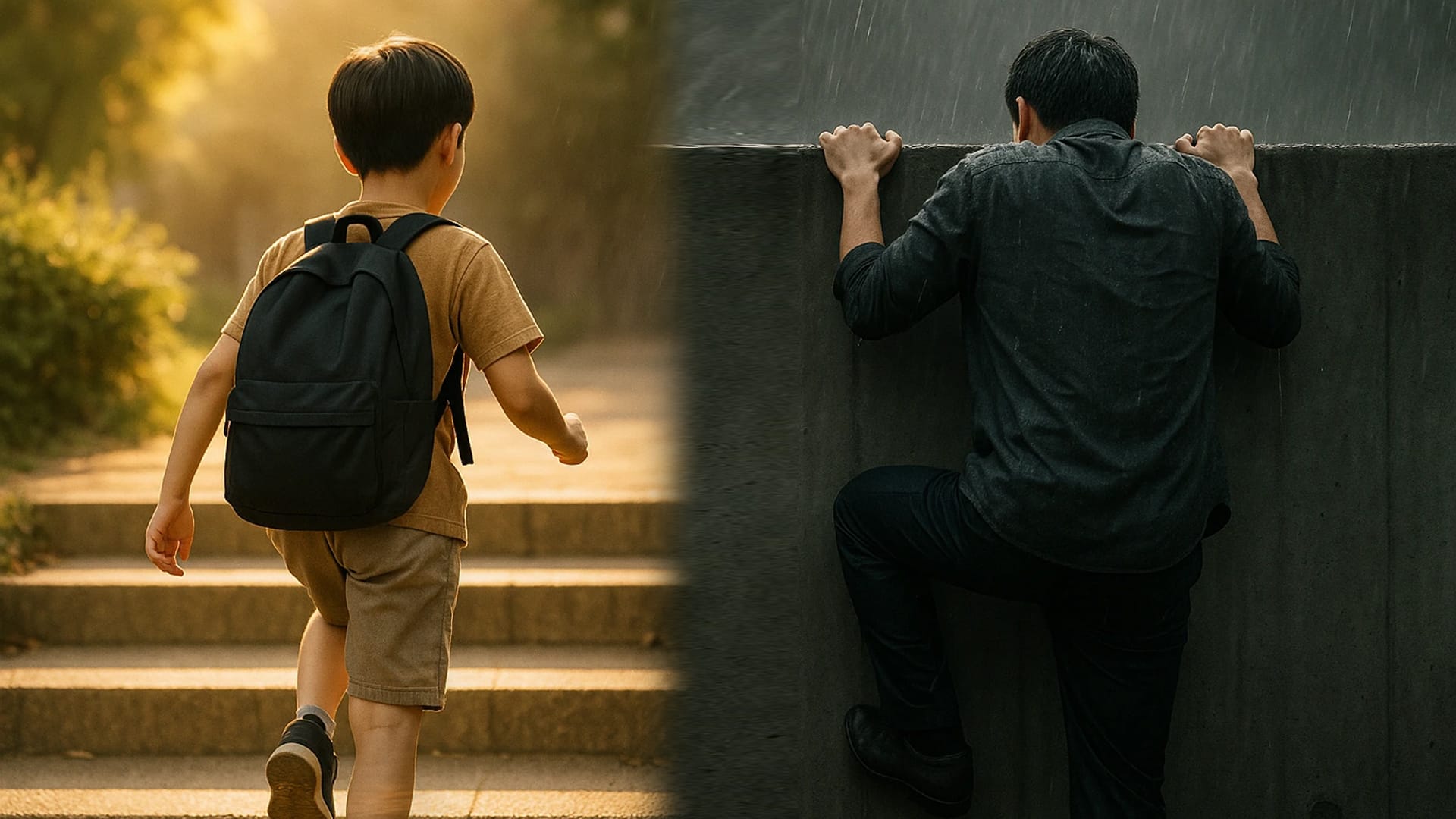 성장기 교정은 낮은 계단을 단계별로 오르는 모습으로, 성인 교정은 한 번에 높은 벽을 오르는 모습으로 대비시켜 비용 분산과 치료의 어려움 차이를 표현한 그래픽