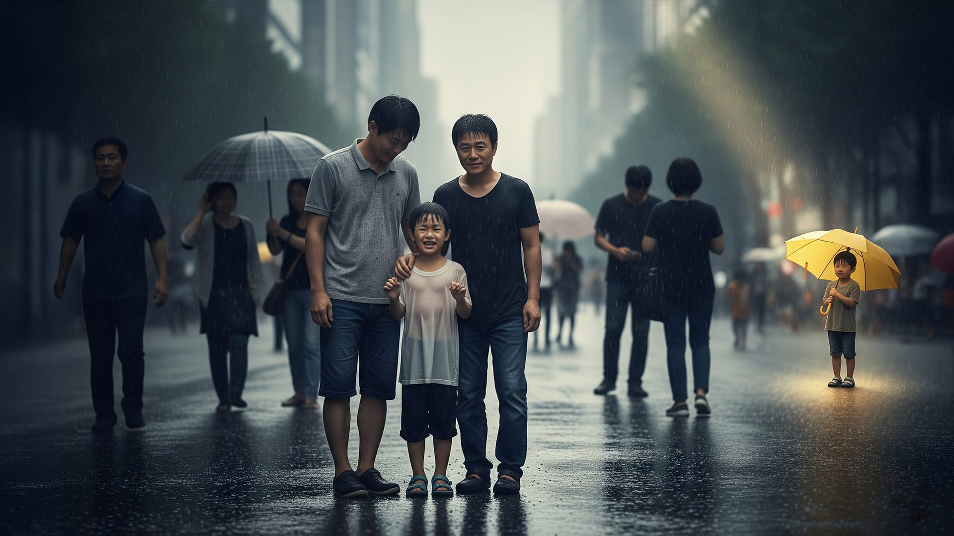 교정 보험 미적용되는 대부분의 상황을 비를 맞고 있는 사람으로, 보험 적용되는 일부 특수 질환을 우산을 쓴 사람으로 표현한 일러스트