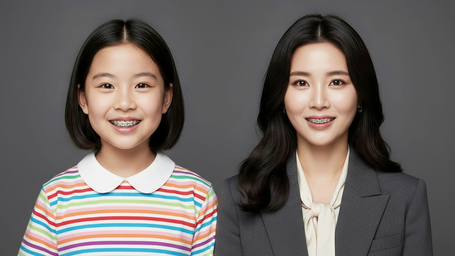 소아기에 교정 장치를 장착한 모습과 해당 소아가 성인이 되어 다시 교정기를 장착한 모습을 나란히 비교한 이미지