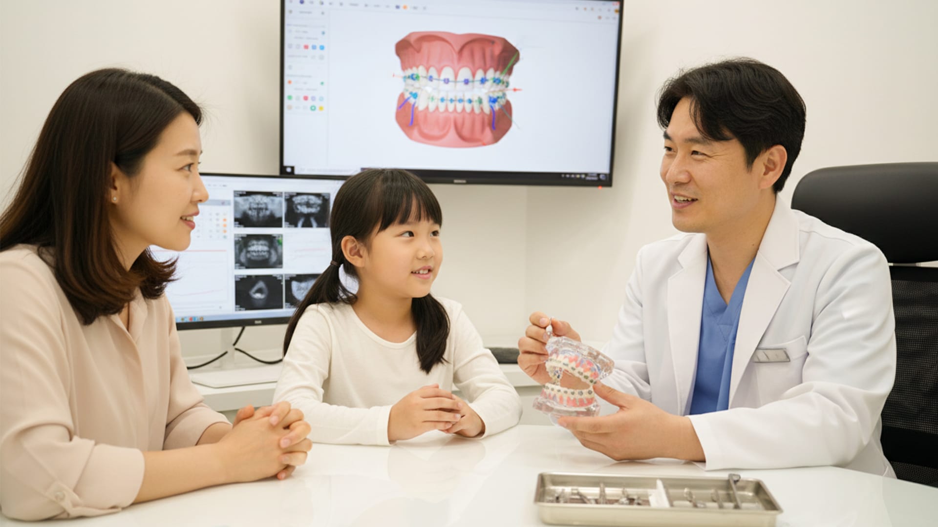 학부모와 성장기 아동이 의료진과 함께 상담을 받고 있는 모습 