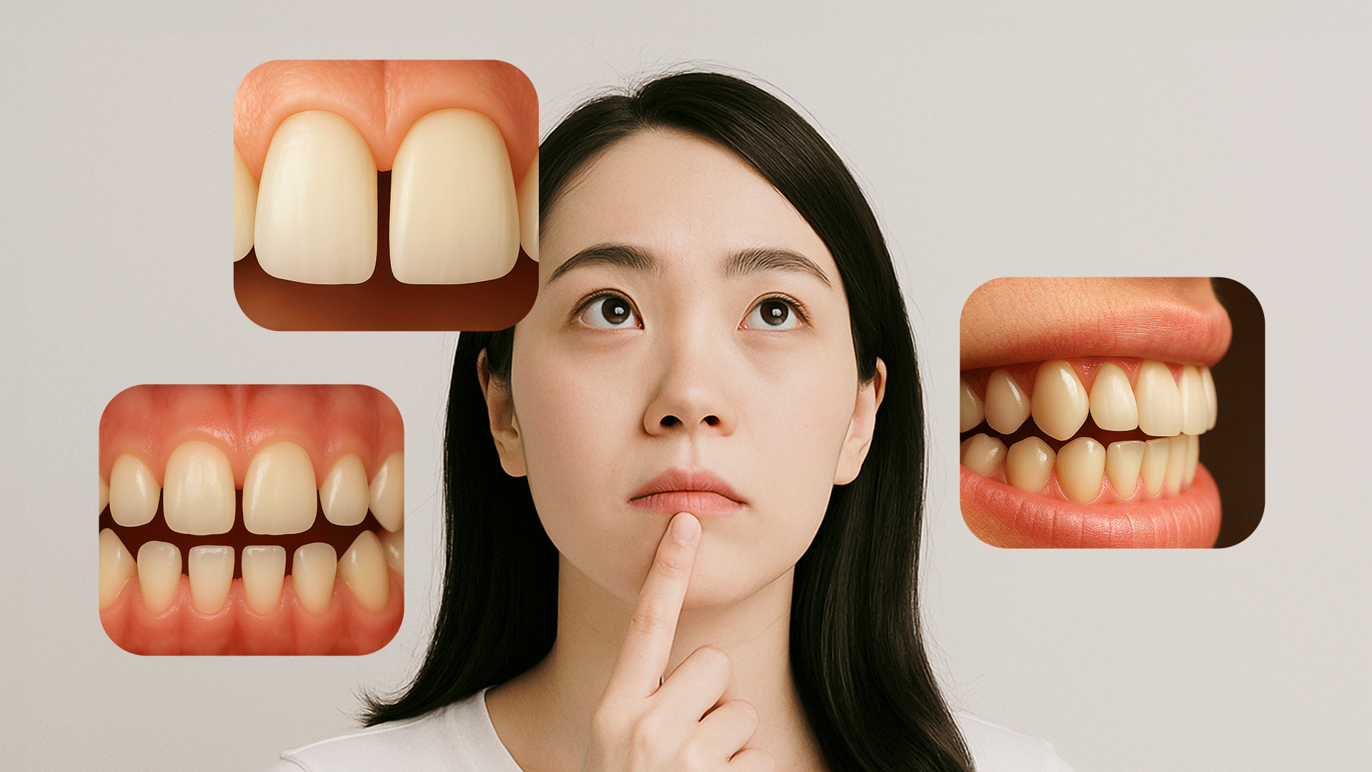 A young adult patient in their 20s–30s looking at laminate cases or information with a worried expression about tooth reduction