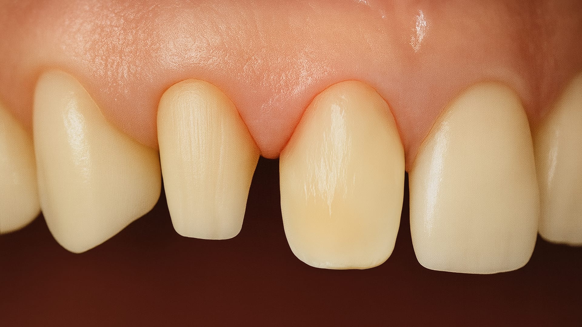 An image emphasizing the difference in reduction by showing a tooth that has been excessively cut compared to others, highlighting the rushed correction of misaligned teeth