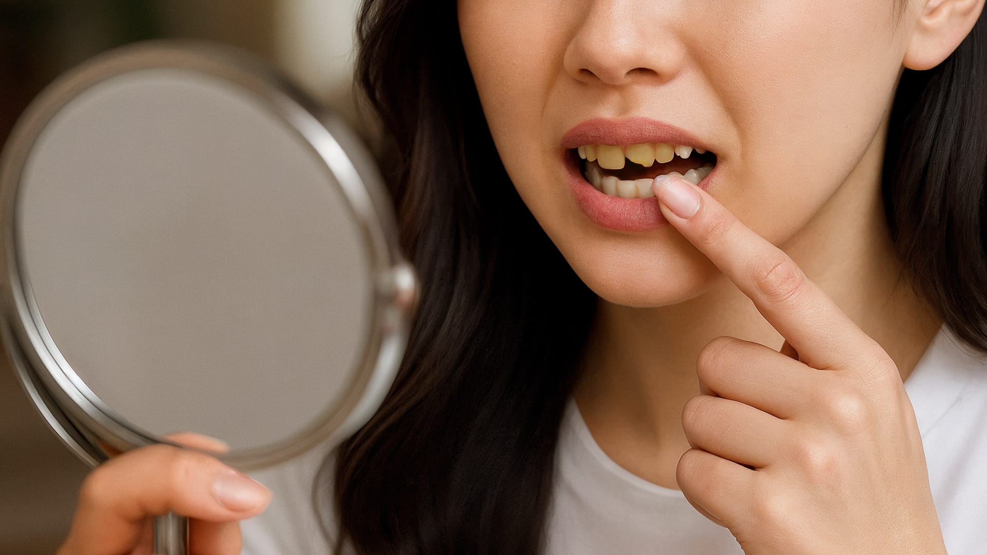 A young adult patient in their 20s–30s looking sadly at their chipped front tooth in the mirror