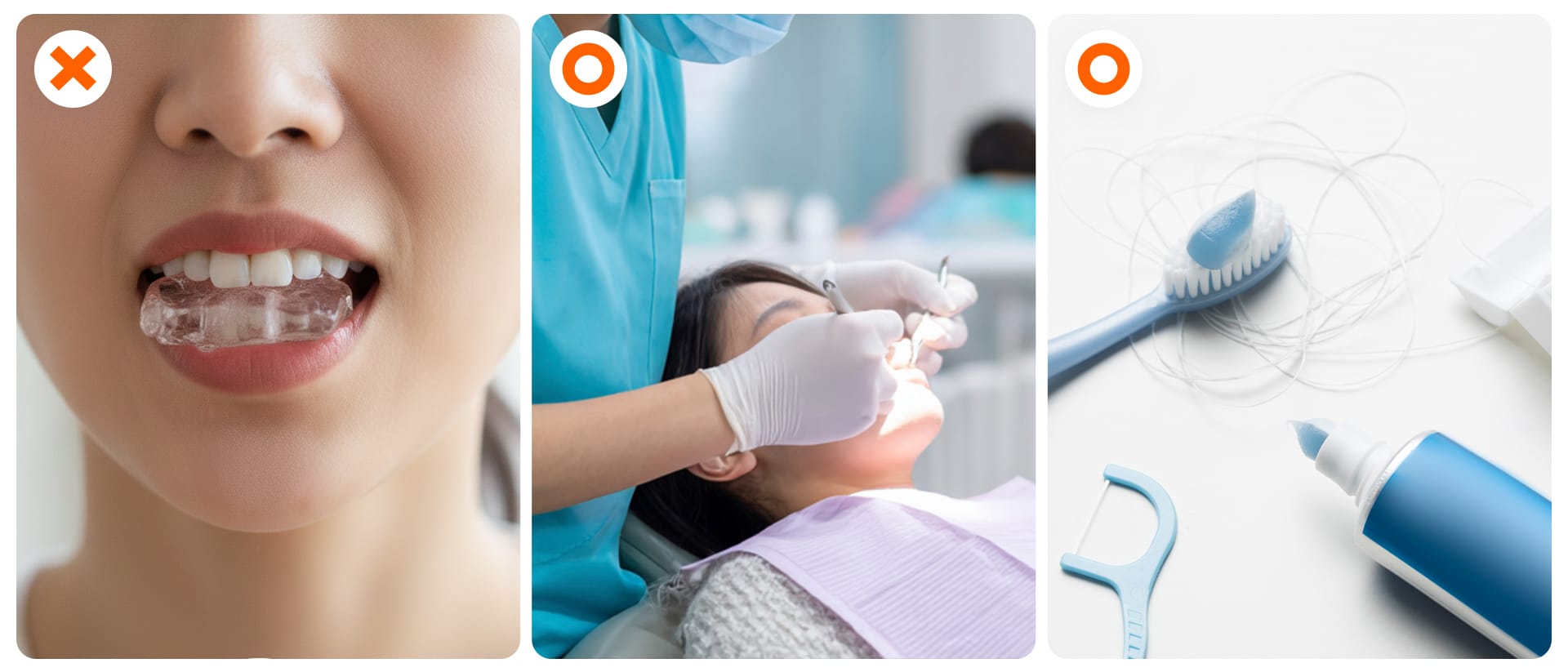 An infographic using icons to show management tips for maintaining a beautiful smile line after laminates (avoiding hard foods, regular check-ups, gum health care)