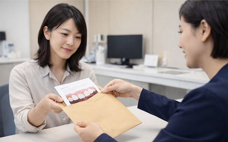 International patient receiving clinical records and aftercare documents from a Korean dental clinic coordinator before returning home.