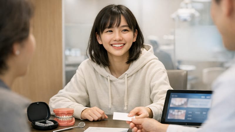 Woman consulting with a dentist about orthodontic treatment in a modern dental office.