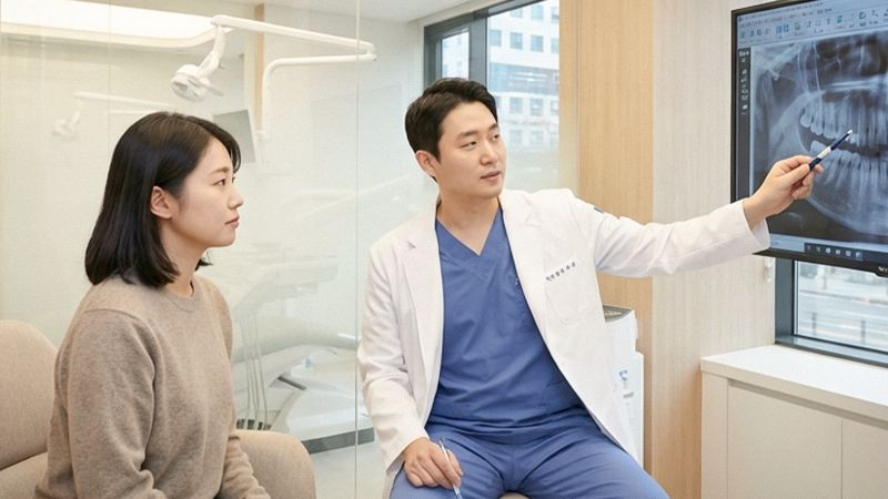 A scene of a dentist and a patient looking at a dental X-ray and discussing whether to proceed with tooth extraction.
