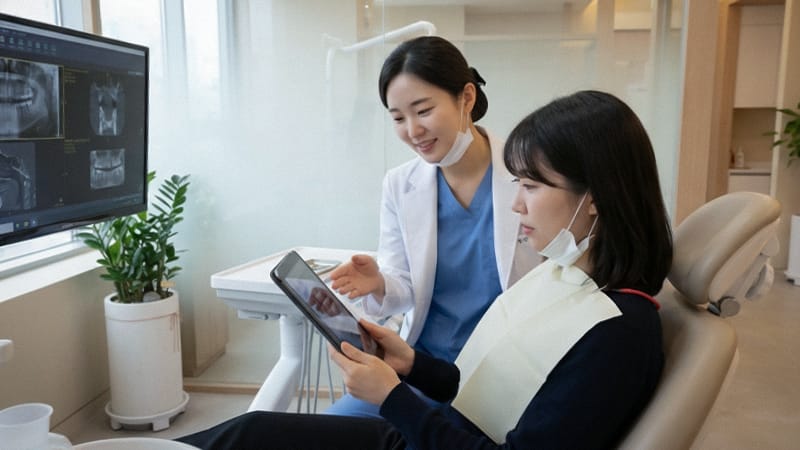 A patient checking their dental condition on a digital device during an orthodontic consultation.