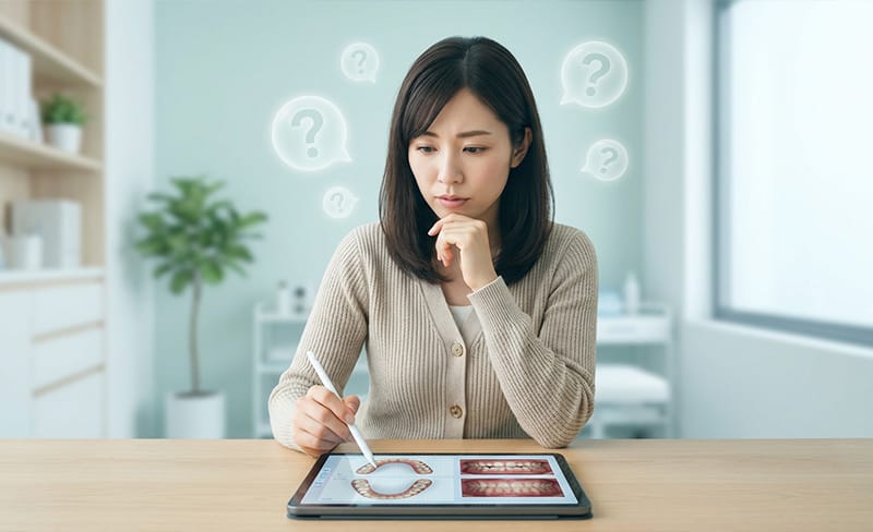 An international patient reviewing orthodontic consultation materials on a tablet PC