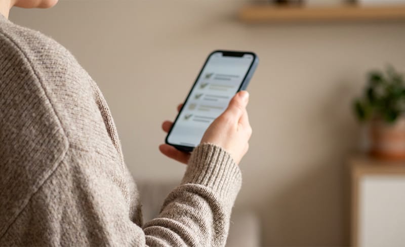 A scene showing a patient reviewing a dental care checklist on a smartphone