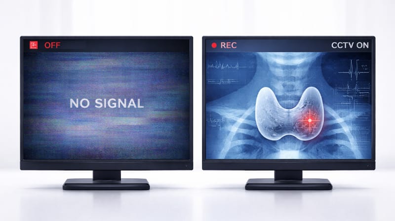 A CCTV monitor screen contrasting the difference between neglecting thyroid cancer (shown in darkness) and active surveillance (shown with clarity).