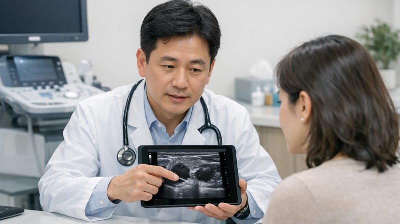 A clinical setting where a medical professional precisely reviews a patient's individual condition to determine the necessity of thyroid cancer surgery.