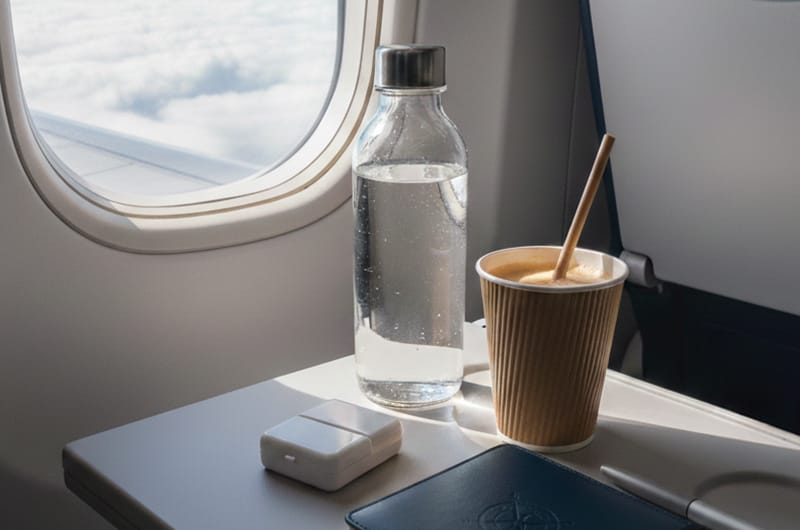 Image illustrating essential items and behavioral tips for a comfortable and safe flight after getting veneers.