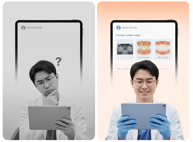 Comparison of having versus not having past dental records for veneer aftercare and follow-up treatments.