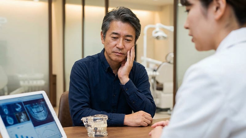 A man receiving a professional consultation for dental implant treatment at a dental clinic.