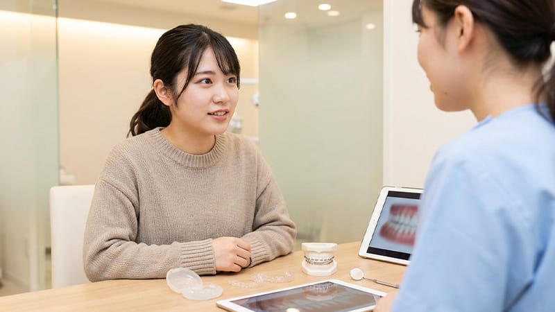 A woman receiving an orthodontic consultation at a dental clinic.