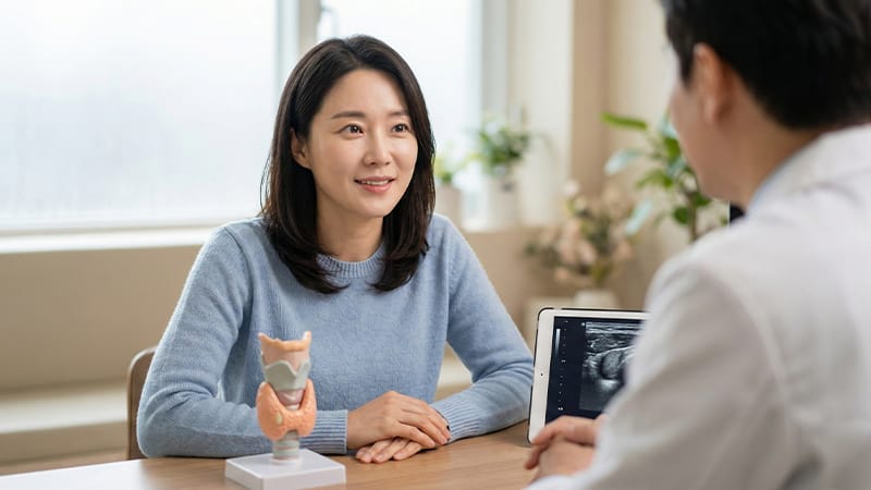 A young woman with a thyroid condition smiling and talking with a medical professional