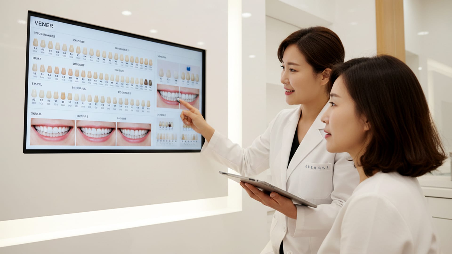  A dental examination setting showing laminate prosthetics or tooth whitening related items for clean, white teeth