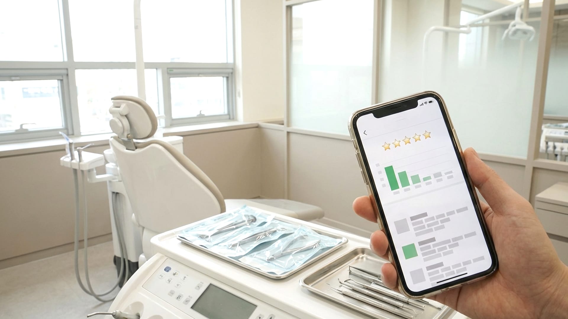멸균된 진료 환경과 스마트폰 후기 화면을 보여주는 안전 관리 이미지.