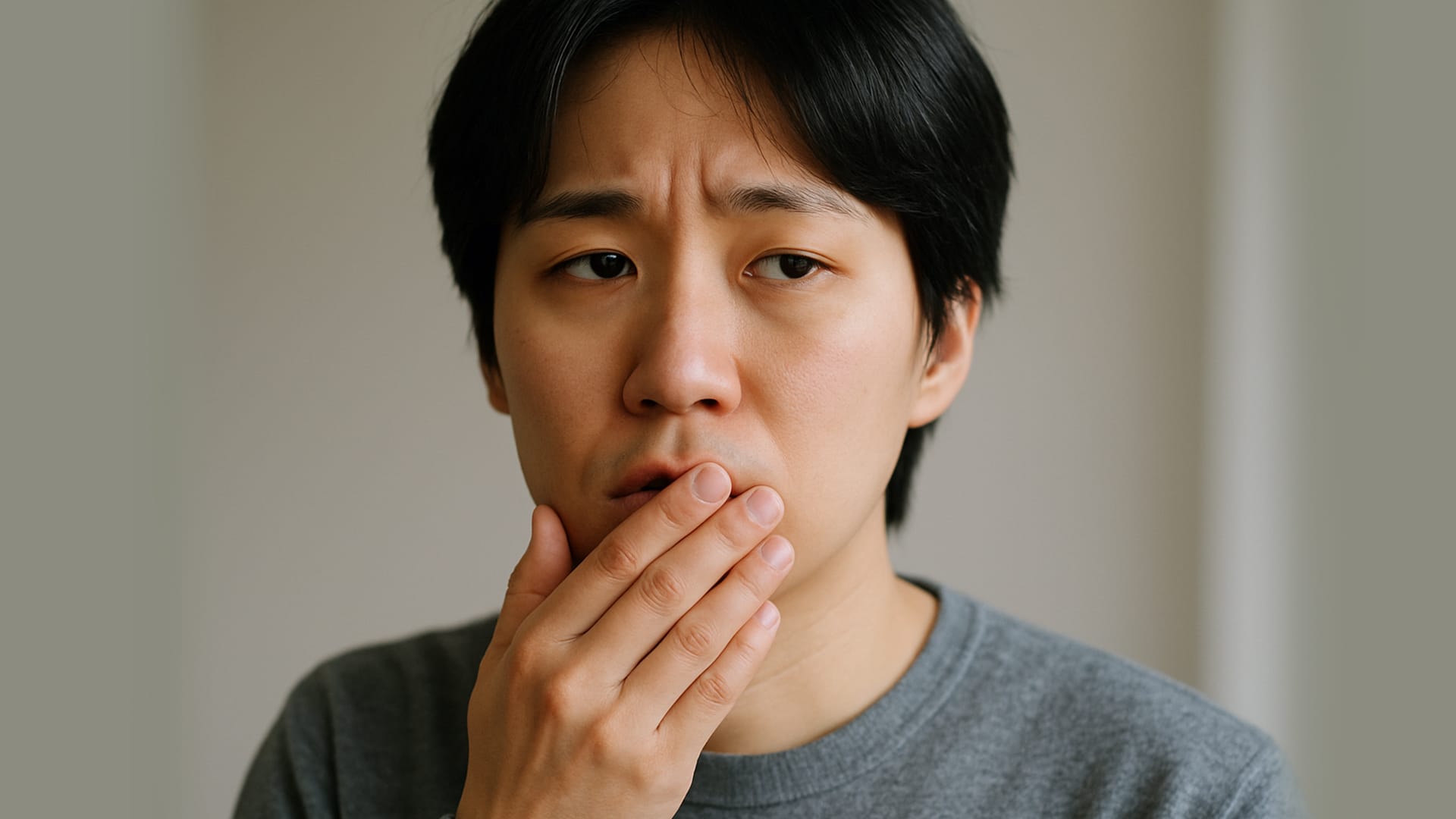 A young adult patient in their 20s–30s covering their mouth, worried about their lips and the pseudo-protrusion effect when taking photos