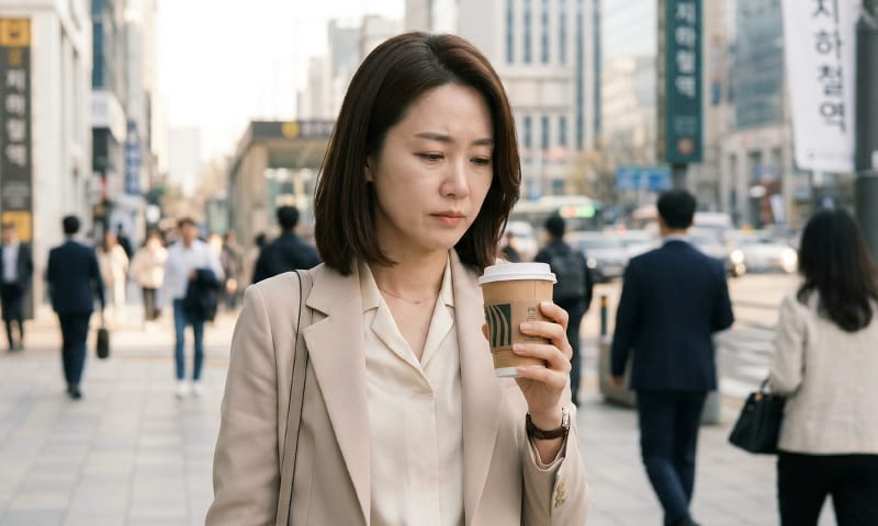A female office worker carrying an iced vanilla latte on her morning commute
