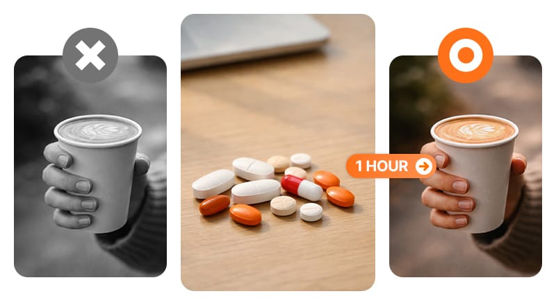 An image illustrating the need for a time interval between taking thyroid medication and drinking coffee