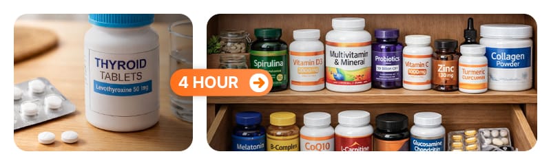 An image depicting medication habits involving thyroid medication and other health supplements (calcium, iron, antacids, biotin)